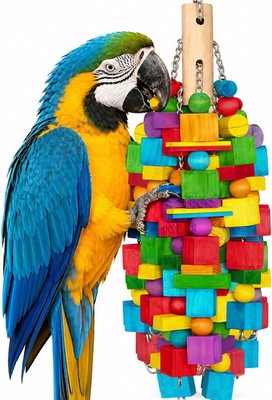 Large Bird Toy, 20 in XL Parrot Toys Natural Wood Blocks Bird Chew Toy for Forag