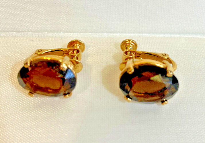 Earrings Gold Tone  with Large Amberbrown stone Unique Screw & Lever back.