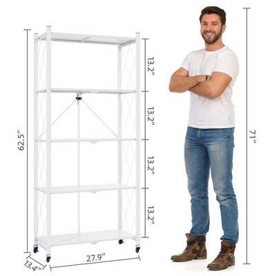 5-Tier Storage Shelving Unit Metal Shelf 27.9 x13.4 x62.5 Foldable Storage White