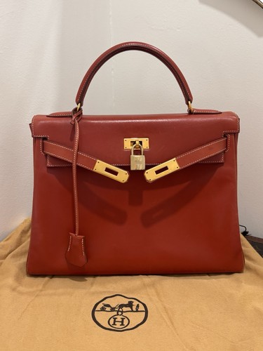 Authentic HERMES Vintage 1991 Kelly 32 Box calf leather Brown Sanguine