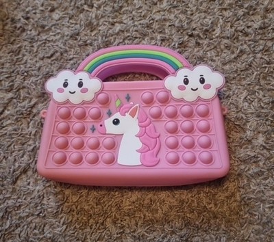 Unicorn Pop It Purse   Pink Silicone Handbag with Rainbow Handle.