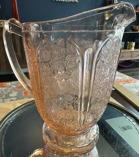 VTG 1930's Pink "Cherry Blossom" Pattern Depression Glass Water Pitcher 7"H