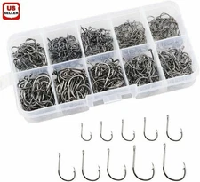 600 Fish Hooks 10 Sizes Fishing Black Silver Sharpened With Box Quality kit&&&