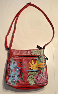 Anuschka Hand-Painted Red Tropical Floral Leather Crossbody Pre-owned