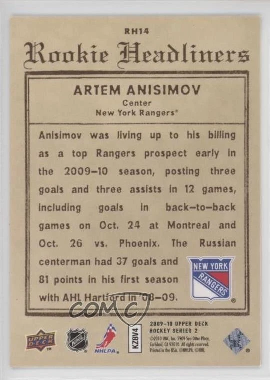 2009-10 Upper Deck Rookie Headliners Artem Anisimov #RH14 RC - Image 2 of 2