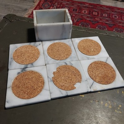 White Marble and Cork Square Coaster Set of 6 with Matching Holder 4 Inch