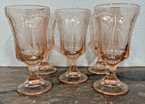 Vintage Indiana Glass Pink Etched Depression Glass Goblets Set of 5 – 6.5 Inch