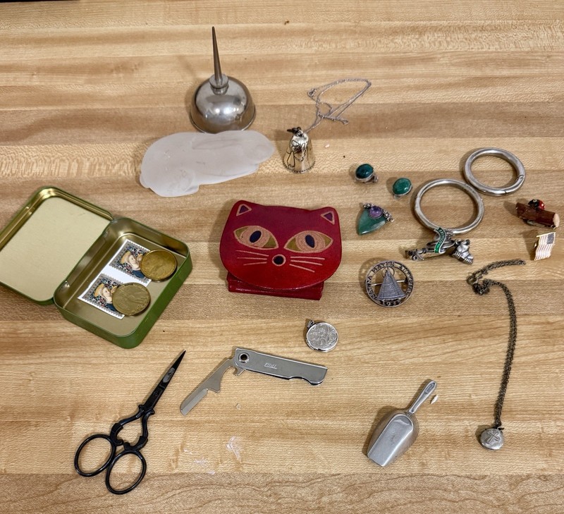 Drawer Lot Silver Jewelry , Trim Knife. German Silver Coin Pin, Etc