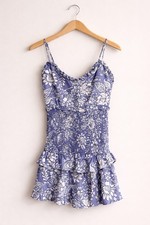 Hello Molly On The Moon Dress Blue White Floral Smocked Ruffle Mini NWT Sz S 