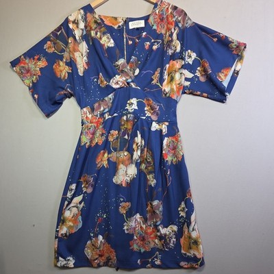 Closet London Floral Fit & Flare Dress Blue V-Neck Tie Back Women's US 10 UK 14