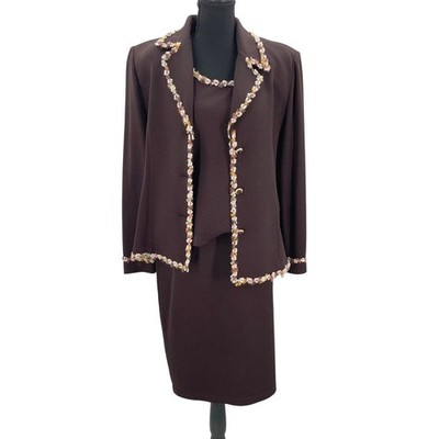 St John Collection Brown Santana Knit 3 Piece Set Floral Trim Jacket Size 10