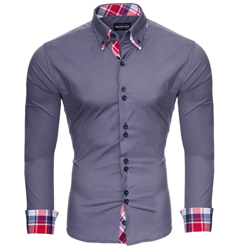 Reslad Herren-Hemd Slim Fit Button-Down Langarm Business Hochzeit Freizeit 7015 - Bild 2 von 4