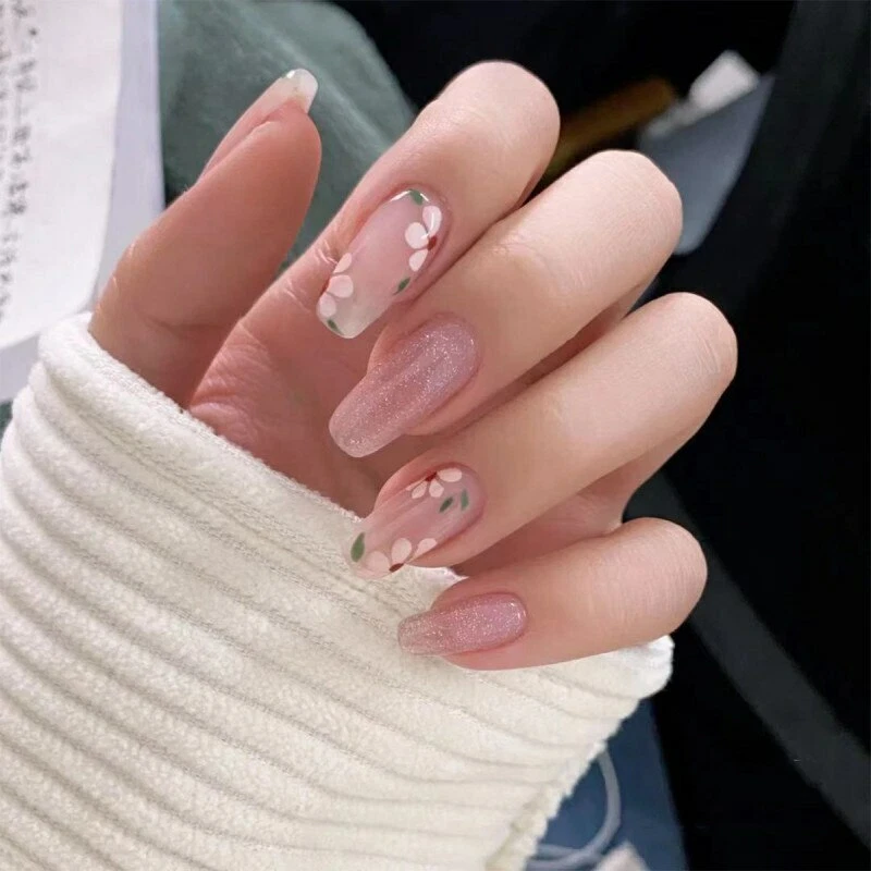 Long Ballerina Fake Nails Nude Pink Glitter Floral Full Artificial Press On  Nail