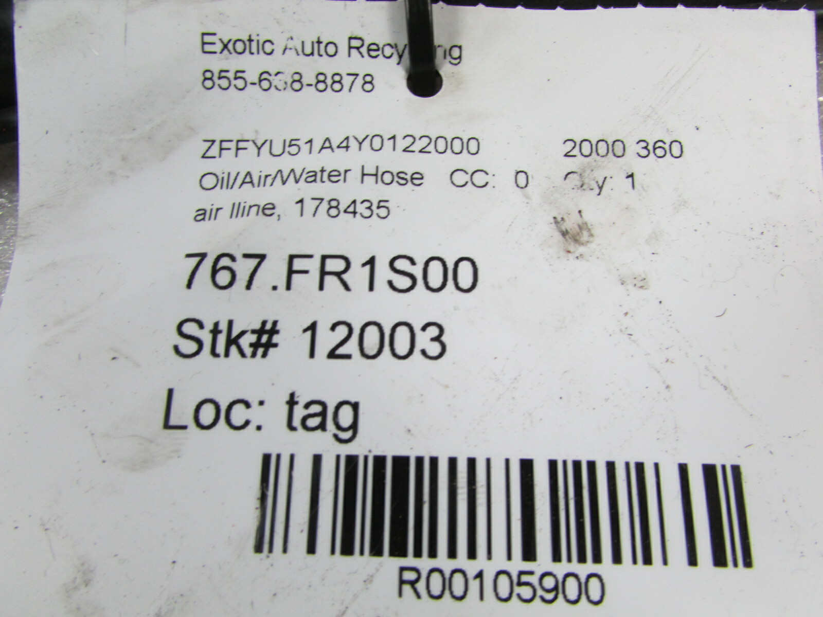 Ferrari 360 Spider, Air Delivery Pipe/Hose, Used, P/N 178435