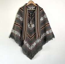Tejidos Diaz Wool Blend Embroidered Poncho Ecuador Adult Gray Red Yellow