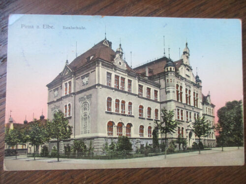 Alte PK AK Pirna Elbe Realschule um 1909 Verlag L.W.I.P. Lithografie - Bild 1 von 5