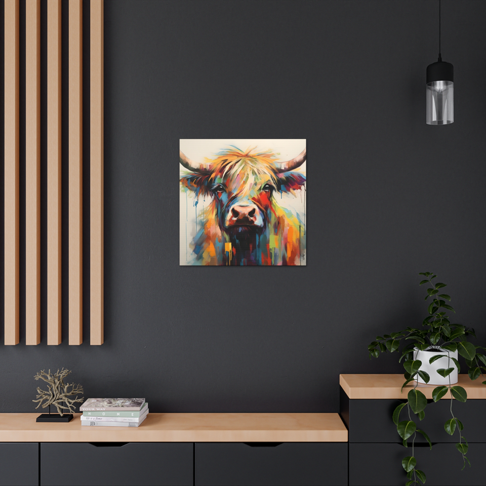 Highland Cow Canvas Colourful Painting Style Print Animal Wall Art