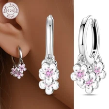 KUNSIR 925 Silver Flower Cluster Earrings Women Drop Dangle Wedding Bridal Prom