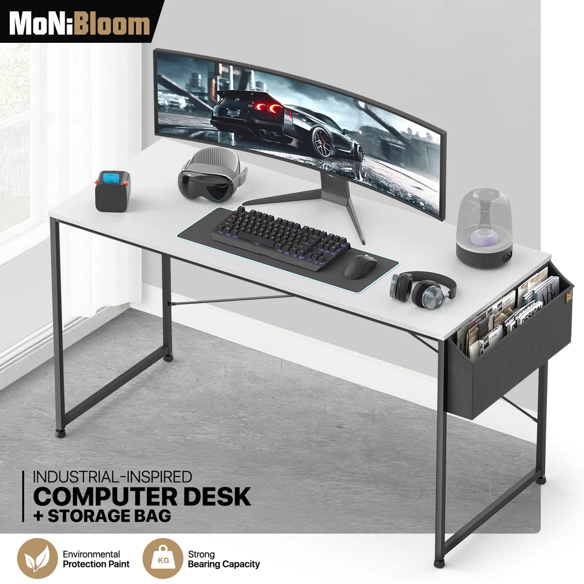 White Willow Wood Computer Desk Office Workstation Laptop PC Table w Storage Bag