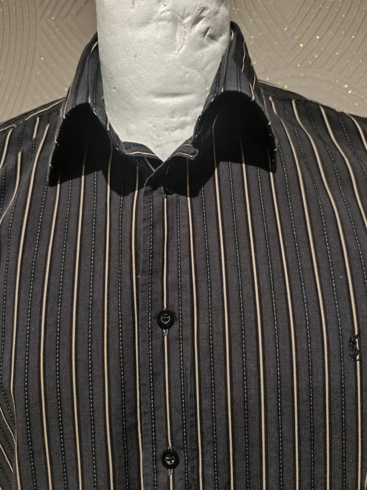 Camicia elegante uomo Yves Saint Laurent marrone righe oro colletto 17" polsino francese