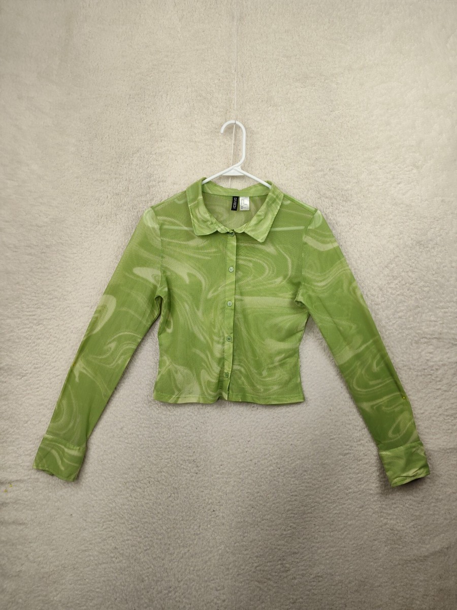 H&M Divided Women Top Medium Green Sheer Long Sleeve Button Up See