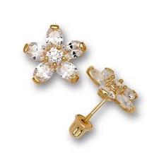 14K Yellow Gold Cz Flower Stud Affordable  Pretty Earrings for Women