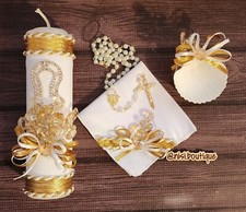 Beautiful 4 Pcs Baptism Candle Set White Gold Baptism Set, Baptism Candle Set