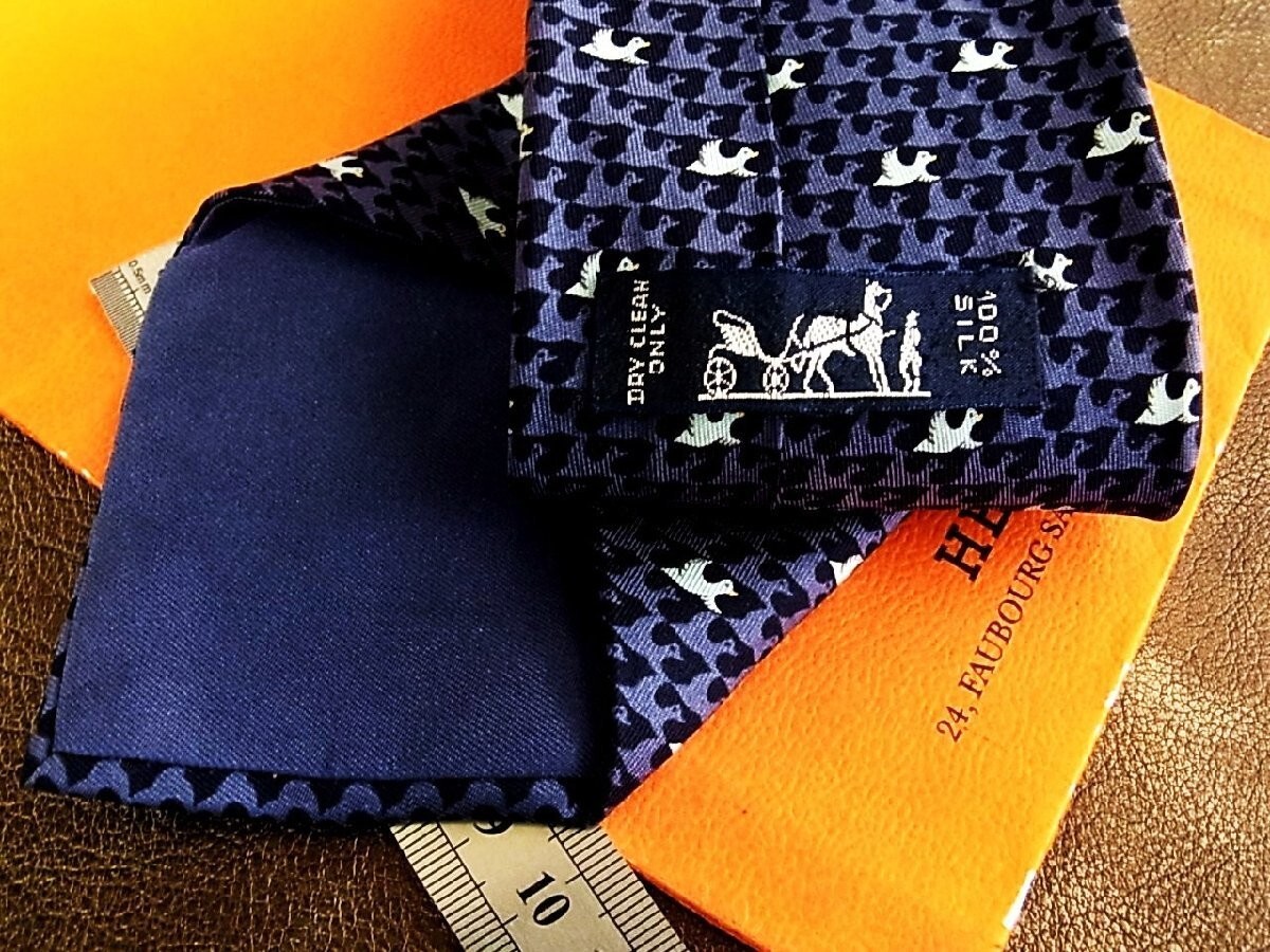 HERMES Neck tie Silk Navy Blue Logo japan seller N1219 31 Made in
