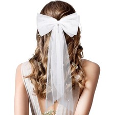Bridal Hair Bow Veil Bachelorette Party Pearl Hair Clip Wedding Veil Bride Ha...
