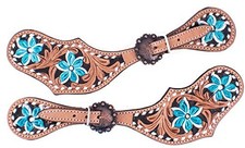 Showman Ladies Hand Painted Turquoise Flower Leather Spur Straps