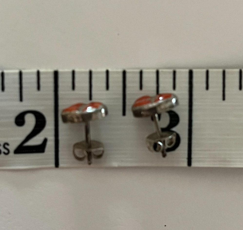 Native American Zuni Hand made Coral Tiny Stud Earrings- Sterling silver View 3