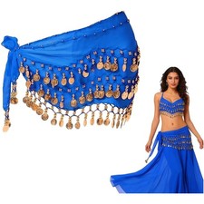 Bauchtanz H&uuml;fttuch G&uuml;rtel Damen 90+ M&uuml;nzen, Chiffon, 140 cm, Blau, Tanzkost&uuml;m