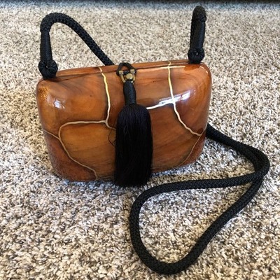 Timmy Woods Beverly Hills Painted Wood Clutch Handbag Purse Tassel Hard Bag