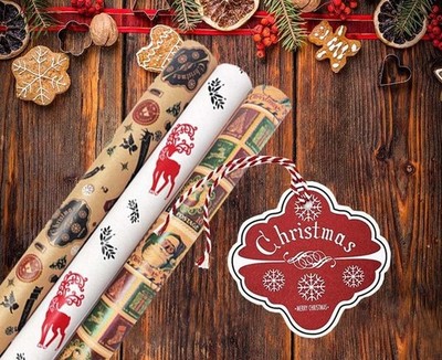 K-Kraft Vintage Christmas Wrapping Paper Retro Brown Kraft 3 Rolls w/ Tags