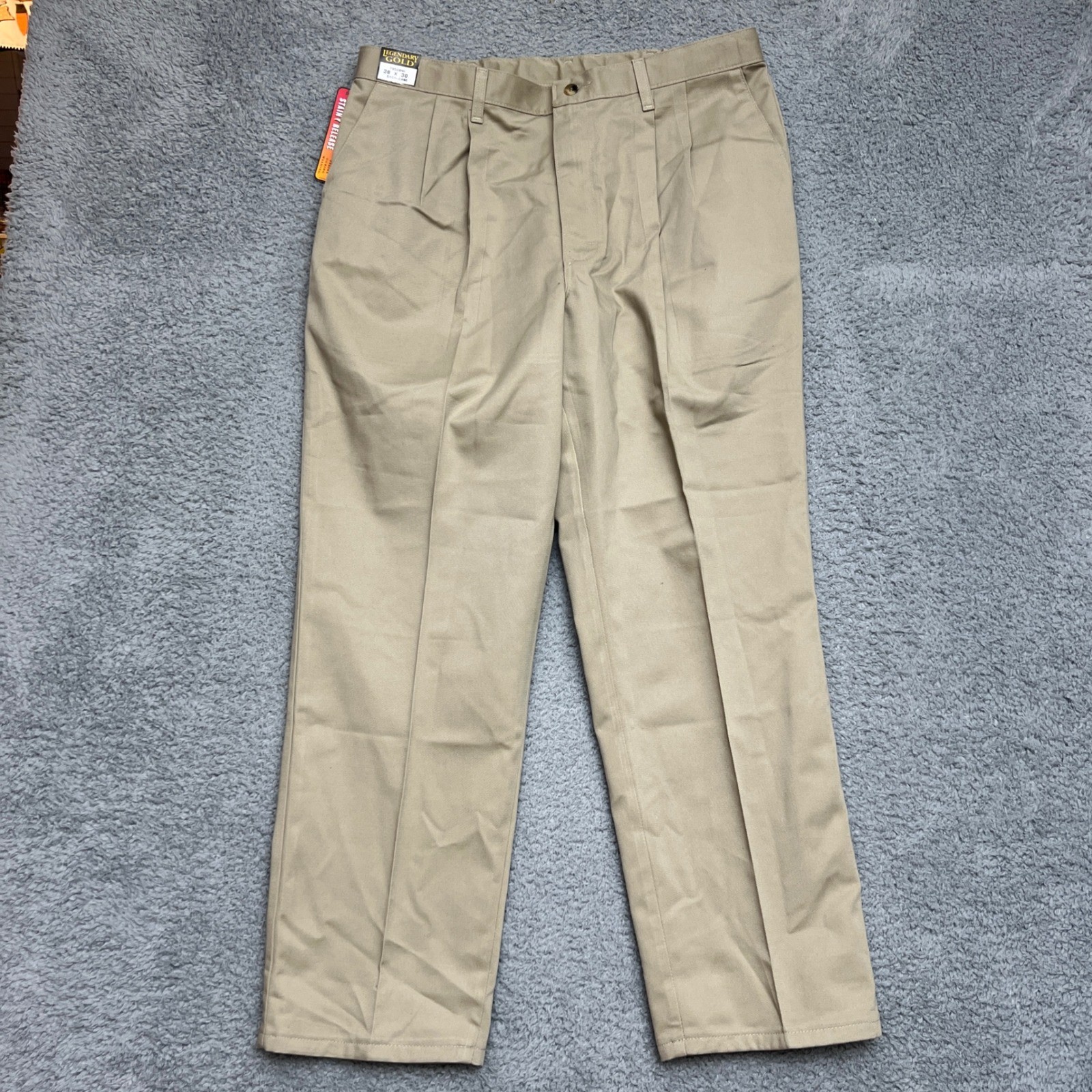Legendary Gold Khakis Men 38x30 Relaxed Fit Stain-Resistant Pleated with Side Elastic Waist