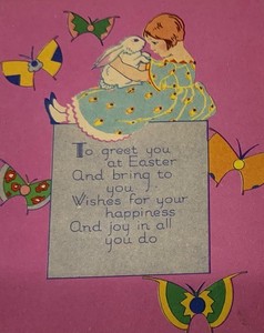 Vintage One Sided Easter Card Art Deco Pretty Girl w/ Bunny Abstract Butterflies