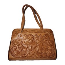Vintage Tooled Leather Purse Handbag Satchel Mont Amur Mexico Double Handle Rose