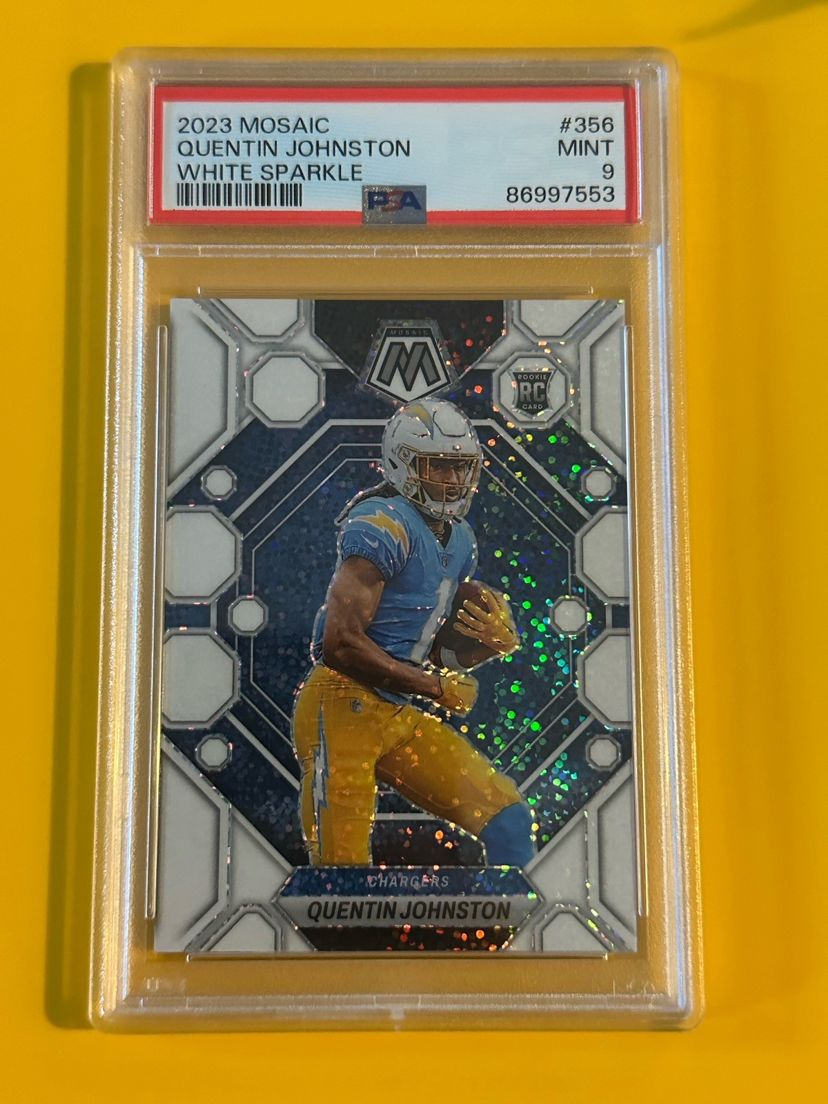 2023 Mosaic Quentin Johnston #356 White Sparkle Prizm SSP RC PSA MT 9