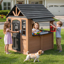 Kids Outdoor Playhouse, Wooden Playhouse with Play Kitchen, Working Doorbell,...