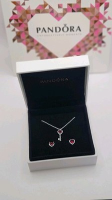  Authentic PANDORA Red Elevated Heart Key Pendant Necklace & Earrings W/ Box Z11
