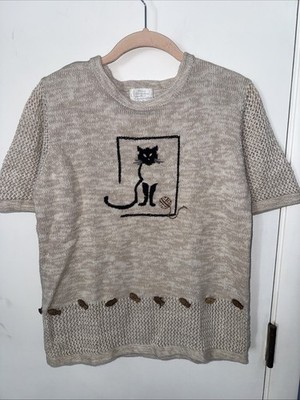 Christopher Banks VTG Small Hand Embroidered Cat Wood Fish Beige Knit Sweater
