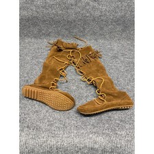 Minnetonka 1628 Brown Suede Front Lace Knee High Fringe Moccasin Boots Womens 6