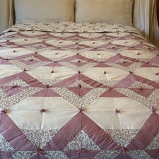 Vtg Homemade Square In Square Quilt Hand Tied Full 97  x80  Mauve Cottage Warm
