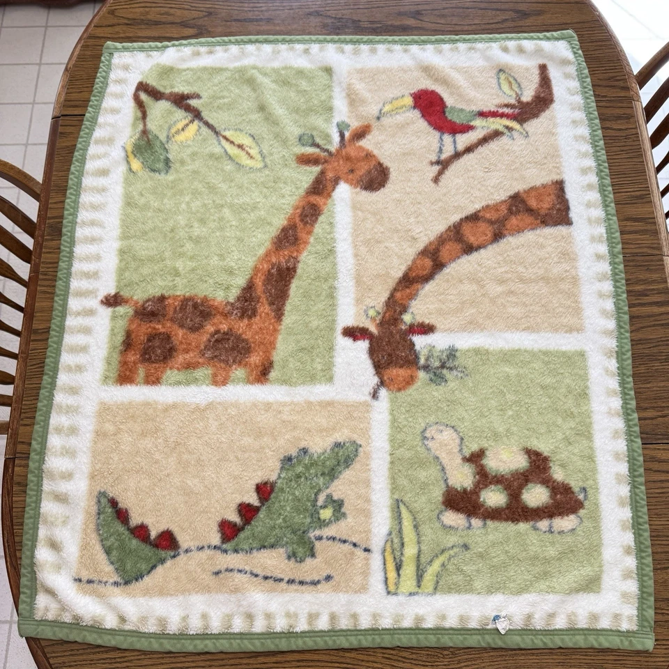 Kids Line Fleece Baby Blanket Zanzibar Alligator Giraffe Turtle Bird Green Brown - Image 2 of 4