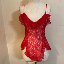 Vintage SEDUCTIVE WEAR Cinema Etoile Ruffled Chemise Red Lace Sheer Chiffon M