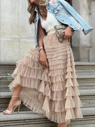 Y2k Apricot High Waist Tiered Layered Ruffle Tulle Maxi Skirt XL Party/Cocktail