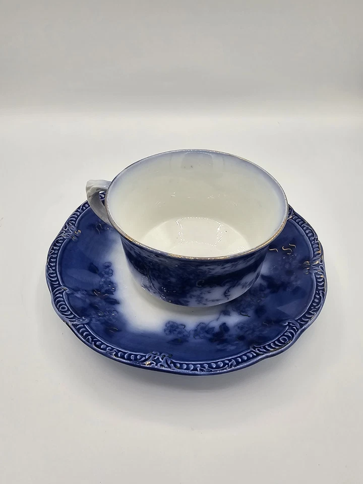 Antiguo juego de tazas/platillos Flow Blue X 2 England Ridgeway Lugano y Grindley Argyle Foto 3 de 4