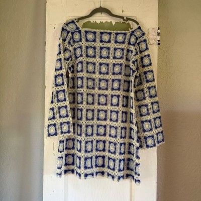 Chelsea & Violet Blue Cream Crochet Tunic Dress Long Sleeve Geometric Size L