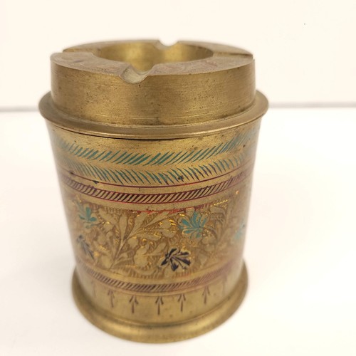 Vintage Brass Enamel Lidded Ashtray Stash Box – India Handmade Floral 4” - Picture 14 of 15
