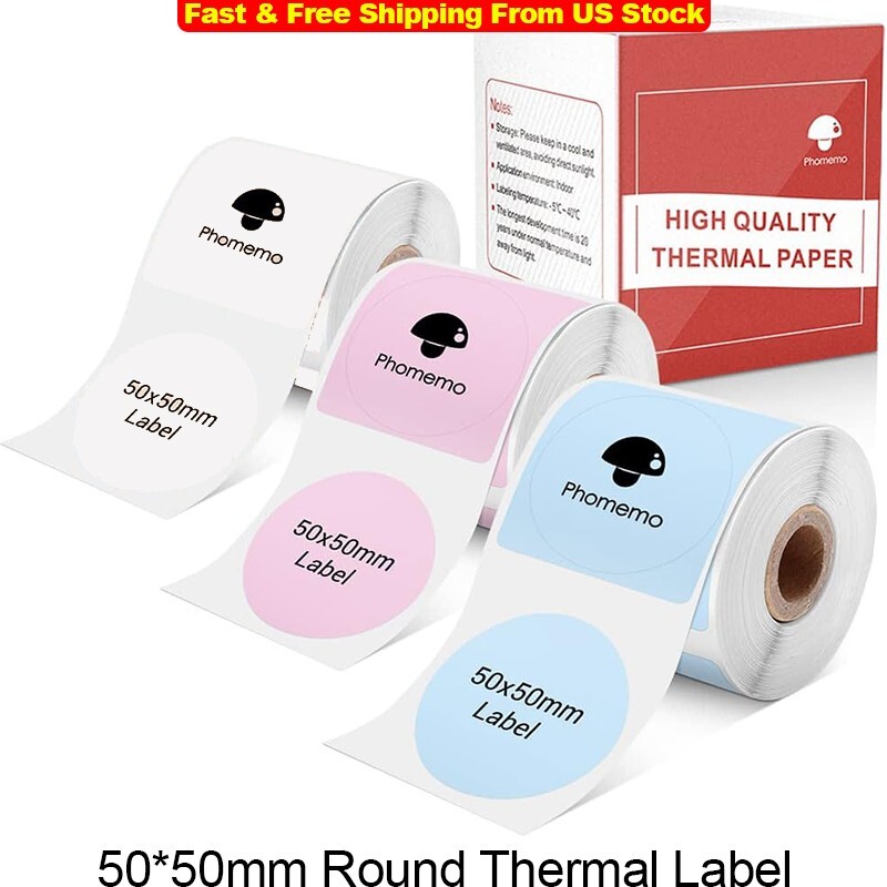 2 50*50mm Round Thermal Sticker Label for Phomemo M110/M120/M200/M220 Printer. Available Now for $8.99